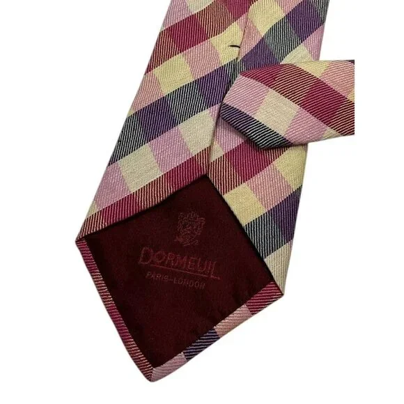 DORMEUIL Men's 100% Silk Necktie LUXURY Tie Purple Yellow Tartan W:3.8 EUC
